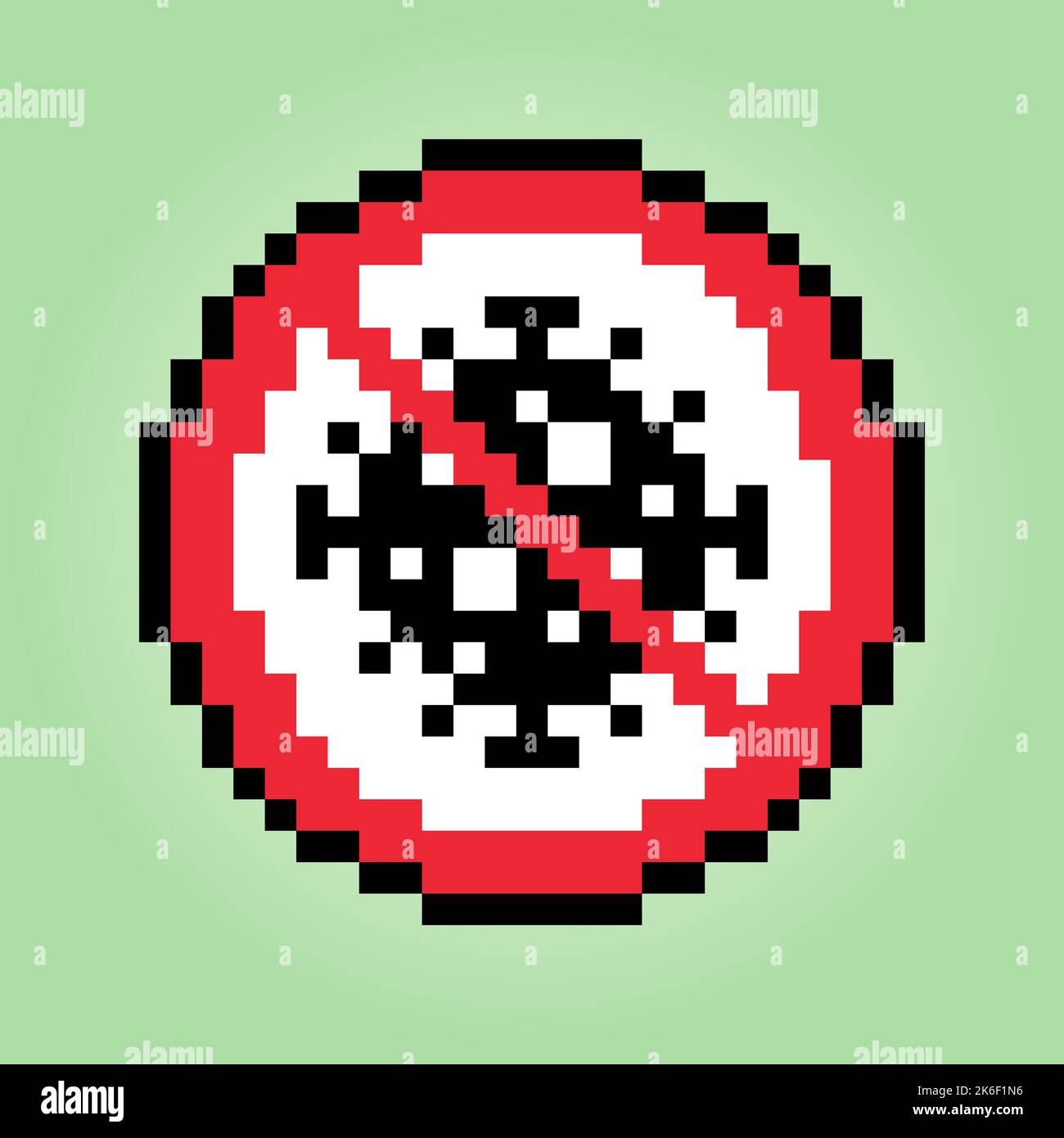 Segno coronavirus 8 bit pixel. Virus Corona scoppio per le risorse di gioco in illustrazione vettoriale. Stop corona virus pixel art. Illustrazione Vettoriale