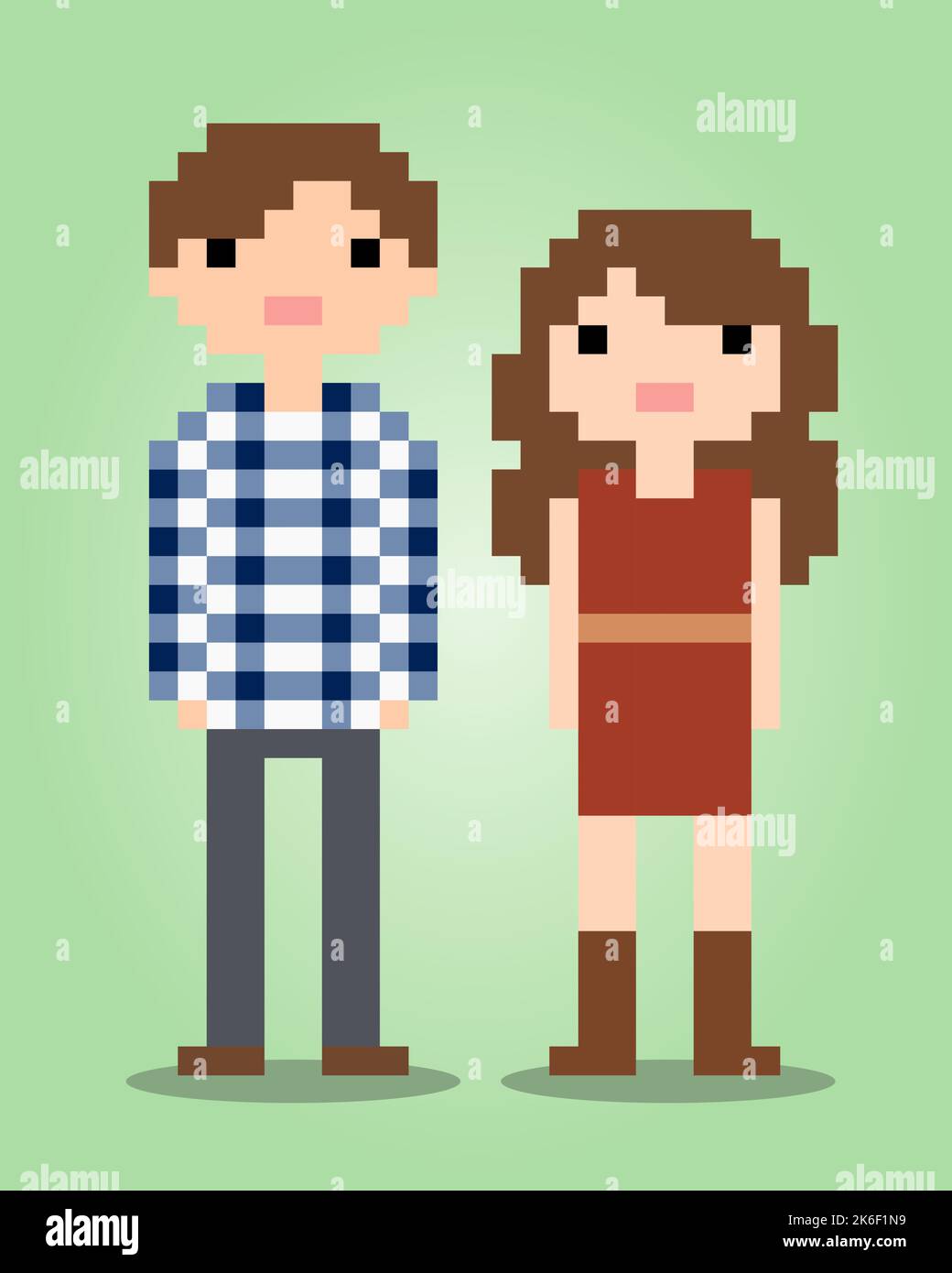 Pixel maschio e femmina a 8 bit. Persone a coppie per il motivo a punti incrociati nell'illustrazione vettoriale. Illustrazione Vettoriale