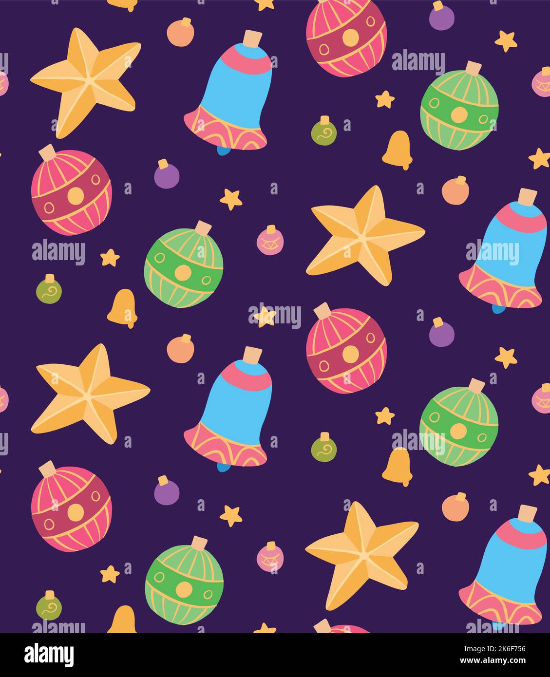 Modello di Natale senza cuciture Vector su sfondo viola. Carta da parati con cartoni animati disegnati a mano piani, giocattoli dell'anno nuovo - palline, campane e stelle. Texture festiva Illustrazione Vettoriale