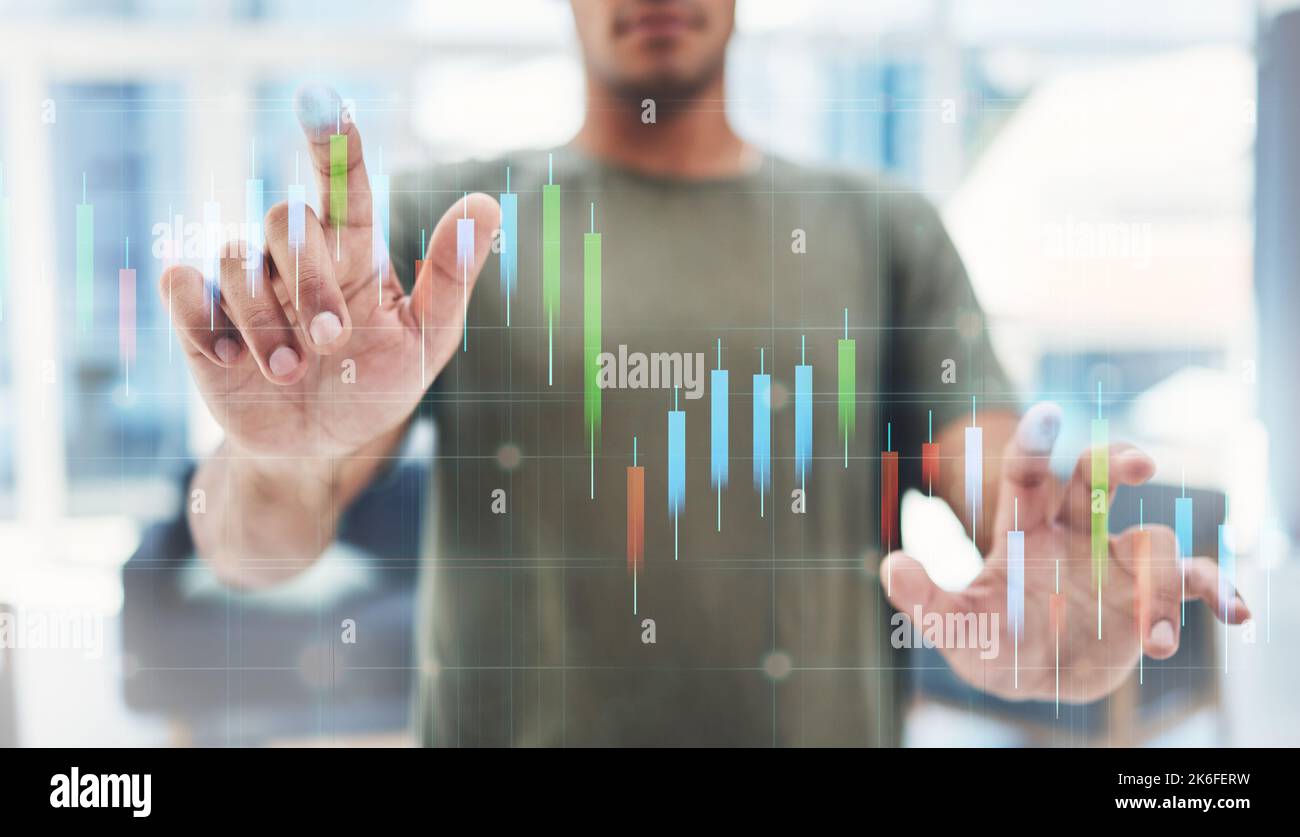 Computer a mano, digitale 3D o big data, grafici futuristici sul web e trasformazione digitale con business man, trader o investitore. Mani del sito web Foto Stock
