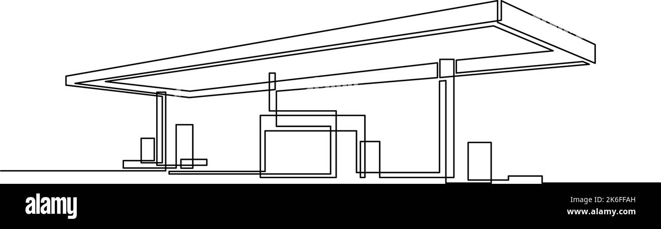 Singolo disegno di una linea della costruzione di una stazione di servizio. Servizio di stazione di servizio isolato doodle concetto minimo. Design trendy a linea continua Illustrazione Vettoriale