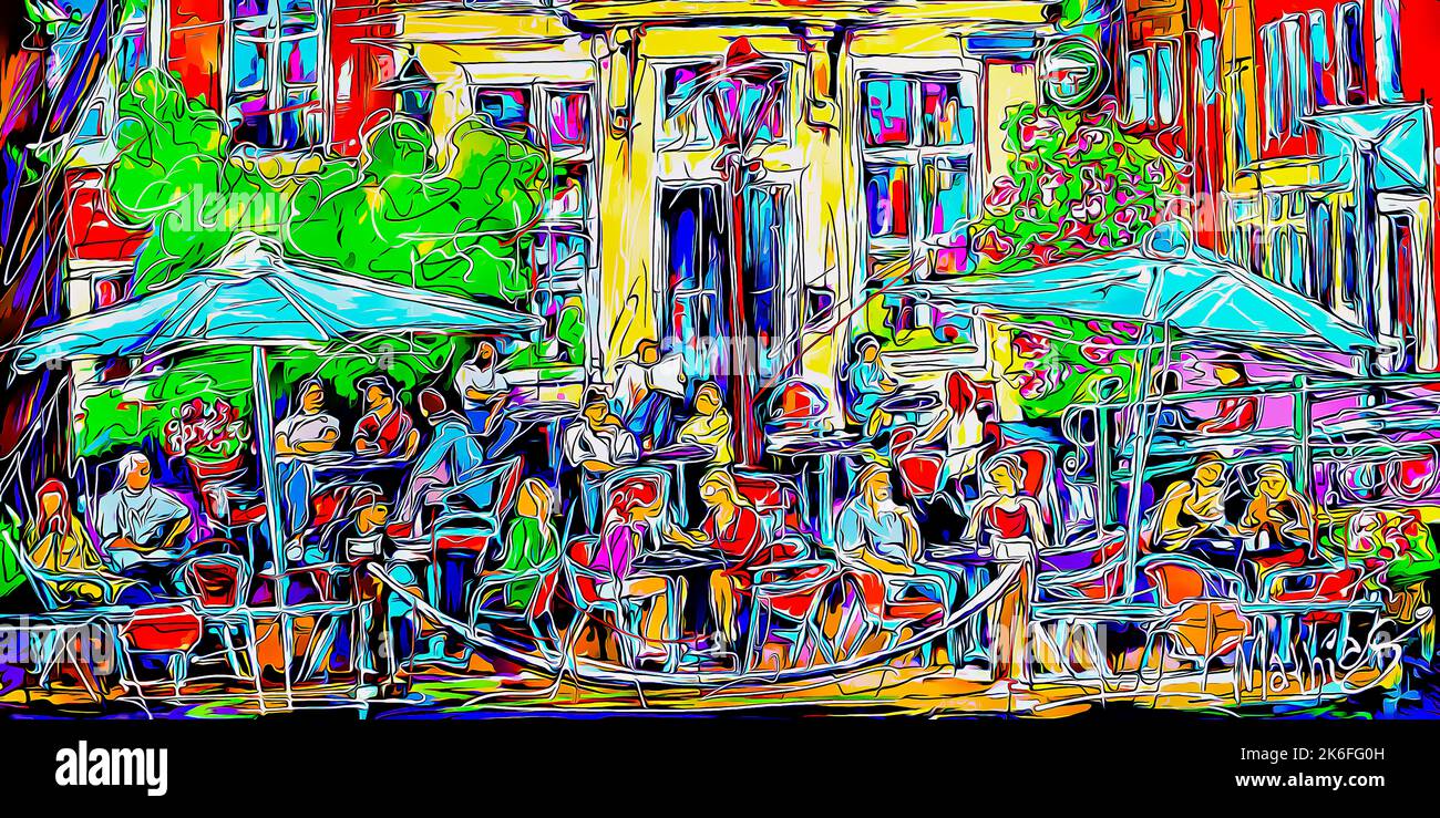 Old Canal Cafe ad Amsterdam case colorate ombrelloni e tavoli paesaggio urbano pittura digitale espressiva Arte moderna illustrazione colorata Arte digitale Foto Stock