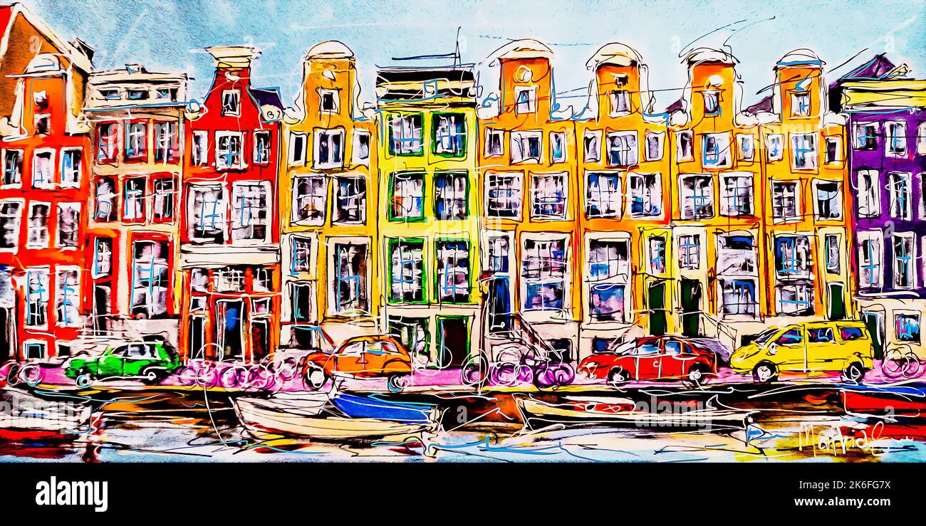 Case colorate sul canale di Amsterdam architettura olandese Barche Auto espressive pittura digitale Arte moderna illustrazione colorata Arte digitale Foto Stock