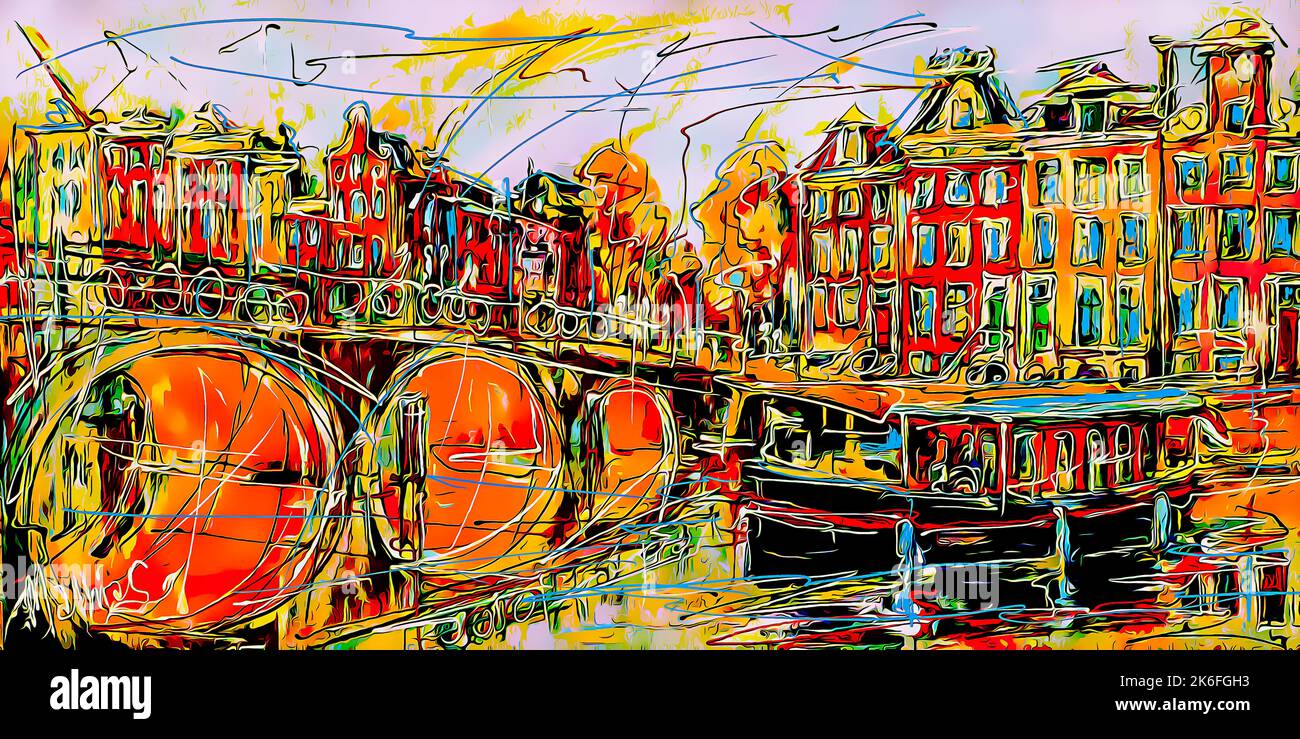 Canale autunnale ad Amsterdam con barca turistica e vecchio ponte pittura digitale espressiva case colorate Arte moderna illustrazione colorata Arte digitale Foto Stock