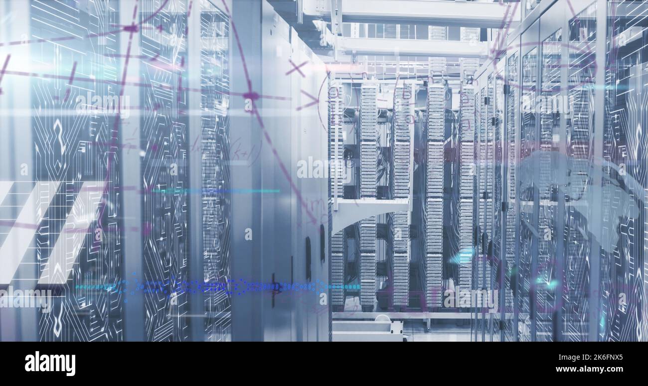 Questa immagine è un'immagine digitale di una rete globale di server di computer che elaborano i dati Foto Stock