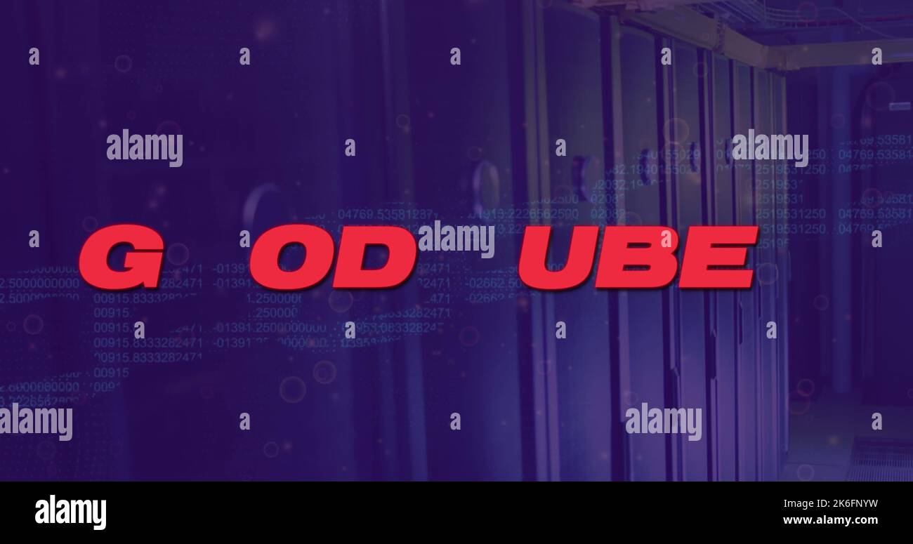 Immagine del testo di buone vibrazioni con elaborazione dei dati nella stanza del server Foto Stock