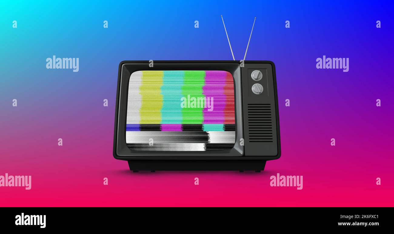 Illustrazione di un glitch multicolore sullo schermo del televisore contro sfondo sfumato, spazio di copia Foto Stock