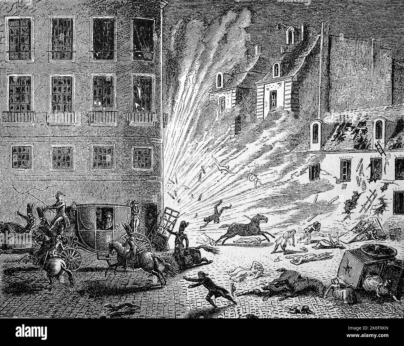 Die Explosion der Höllenmaschine in der Straße St.Nicaise am 24. Dezember 1800, Attentat, Frankreich / The Plot of the rue Saint-Nicaise, noto anche come la trama della macchina infernale, è stato un tentativo di assassinio sul primo console di Francia, Napoleone Bonaparte, a Parigi il 24 dicembre 1800, Historisch, restaurierte digitale Reproduktion einer Originalvorlage aus dem 19. Jahrhundert, genaues Originaldatum nicht bekannt / Foto Stock