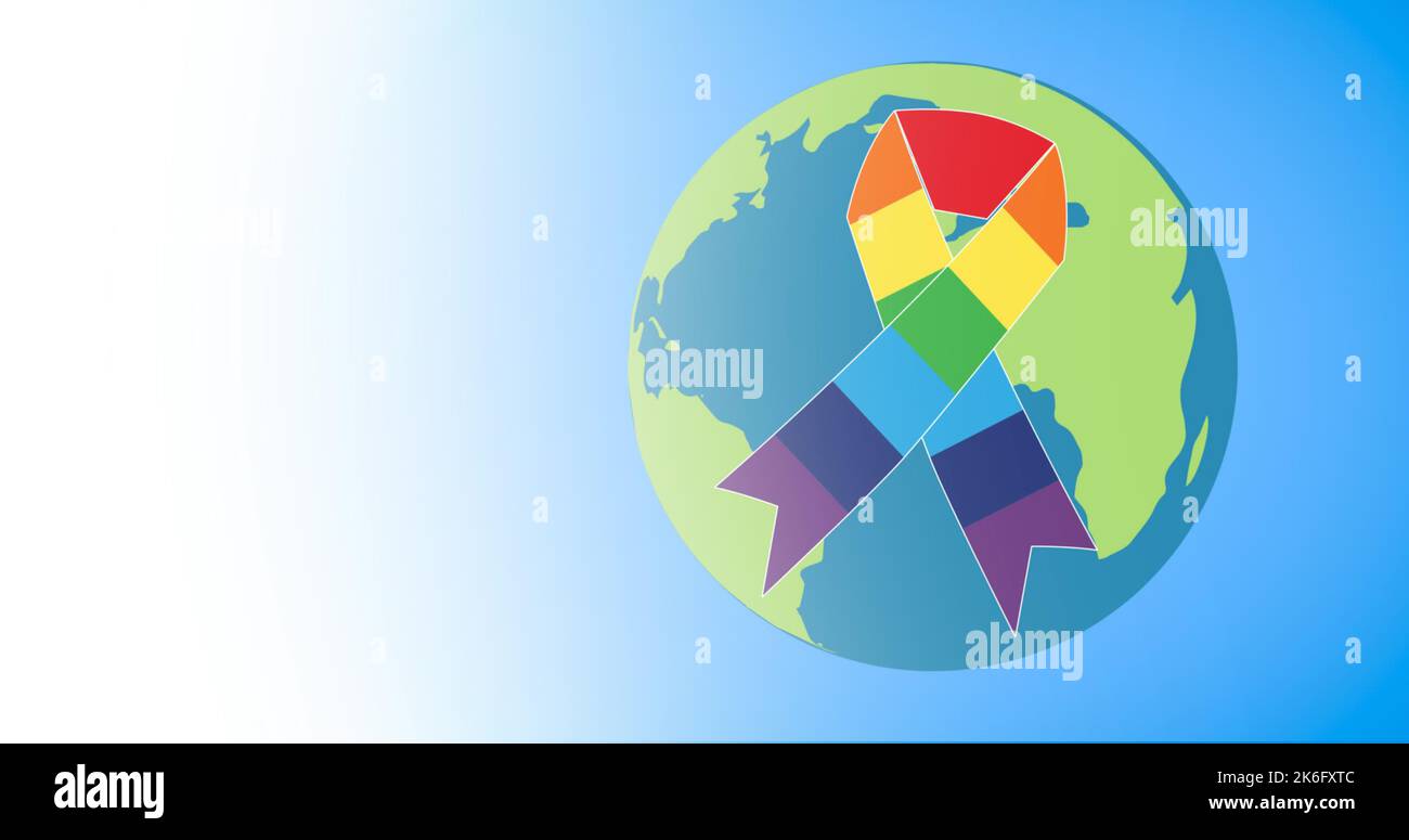 Illustrazione del nastro colorato di consapevolezza sopra il globo contro lo sfondo blu, spazio di copia Foto Stock