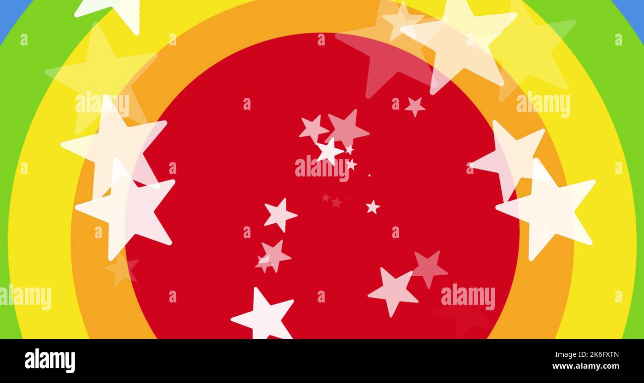 Illustrazione delle forme delle stelle su più cerchi colorati, copia spazio Foto Stock