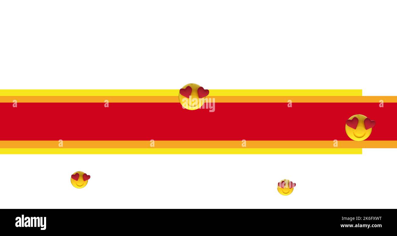 Illustrazione di emoji con occhi a forma di cuore e nastro rosso e giallo su sfondo bianco Foto Stock