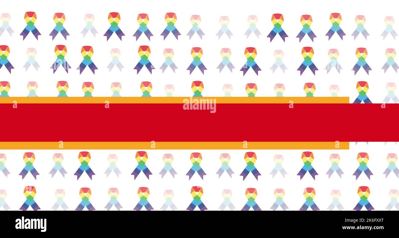 Illustrazione di strisce rosse e gialle con nastri colorati di consapevolezza su sfondo bianco Foto Stock