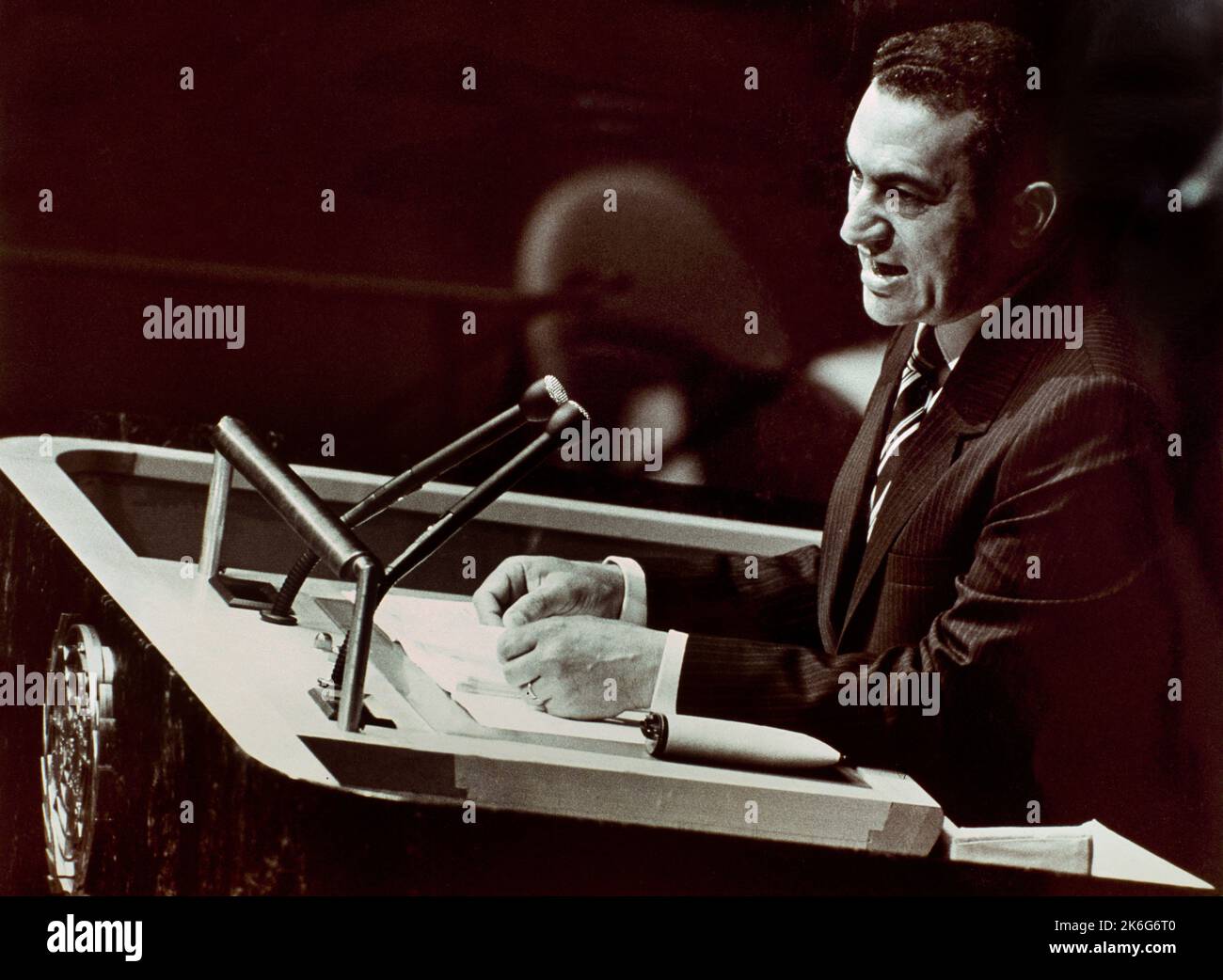 Muhammed Hosni Mubarak Presidente dell'Egitto discorso all'Assemblea Generale delle Nazioni Unite New York 28 settembre 1983 Foto Stock