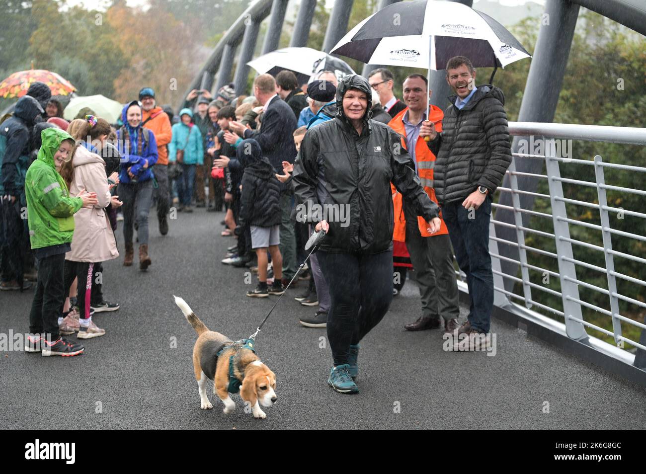 New Road, Kendal - Ottobre 14th 2022 - Minnie Ker, 61 da Ayrshire, Scozia è stata la prima persona a camminare un cane (chiamato Bassett) attraverso il ponte di Gooseholme in Kendal, Minnie ha detto: 'È stato un onore e un piacere'. Il ponte è stato ufficialmente aperto venerdì 14 ottobre dal presidente del Cumbria County Council (CCC), Cllr Andy Connell, con i bambini della scuola di Stramongate nelle vicinanze (tutte le foto sono state cancellate). Anche il MP Tim Farron fece un'apparizione. Il ponte pedonale, costato 2 milioni di sterline, ha sostituito un vecchio ponte più piccolo che è stato danneggiato in Storm Desmond che ha colpito la città nel 2015 causando devastanti inondazioni. Il Foto Stock