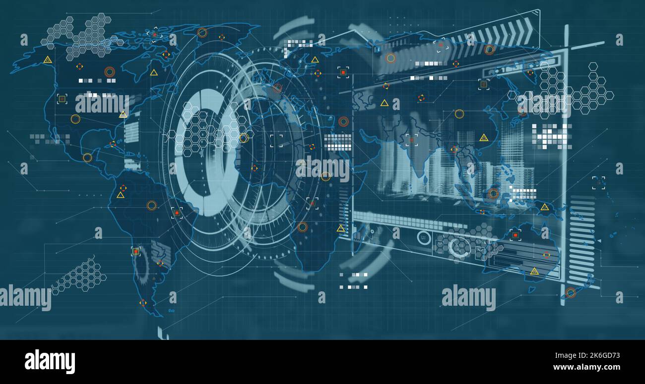 Immagine dell'interfaccia digitale e dell'elaborazione dei dati sulla mappa mondiale su sfondo blu Foto Stock