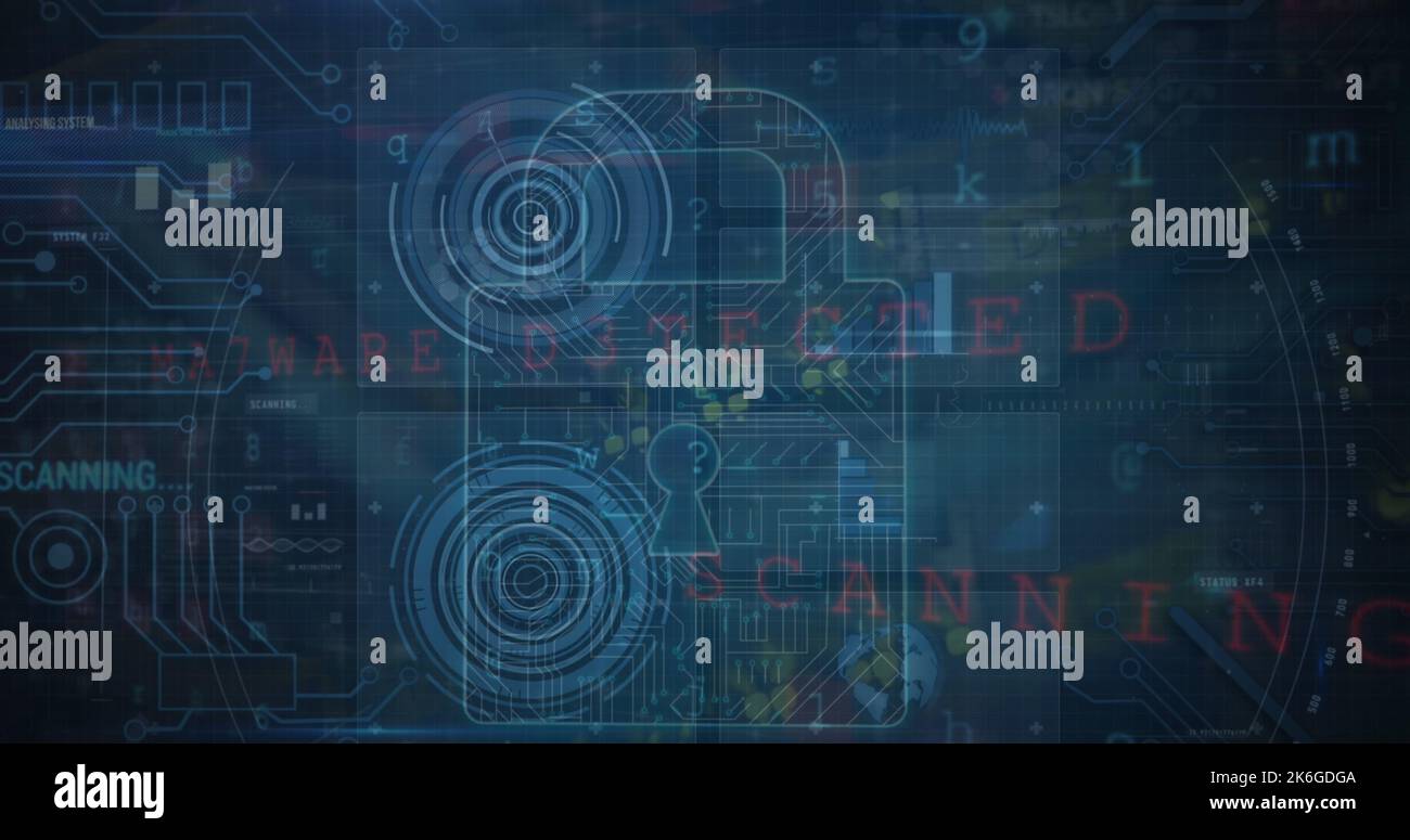Illustrazione del lucchetto con trama a circuito stampato con cerchio, lettere e numeri multipli Foto Stock
