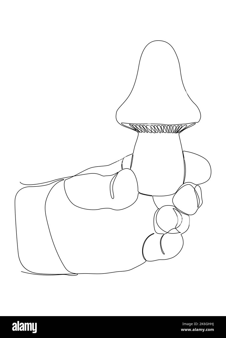 Un disegno a linea continua del fungo di tenuta manuale. Concetto di vettore di illustrazione a linea sottile. Disegno di contorno idee creative. Illustrazione Vettoriale