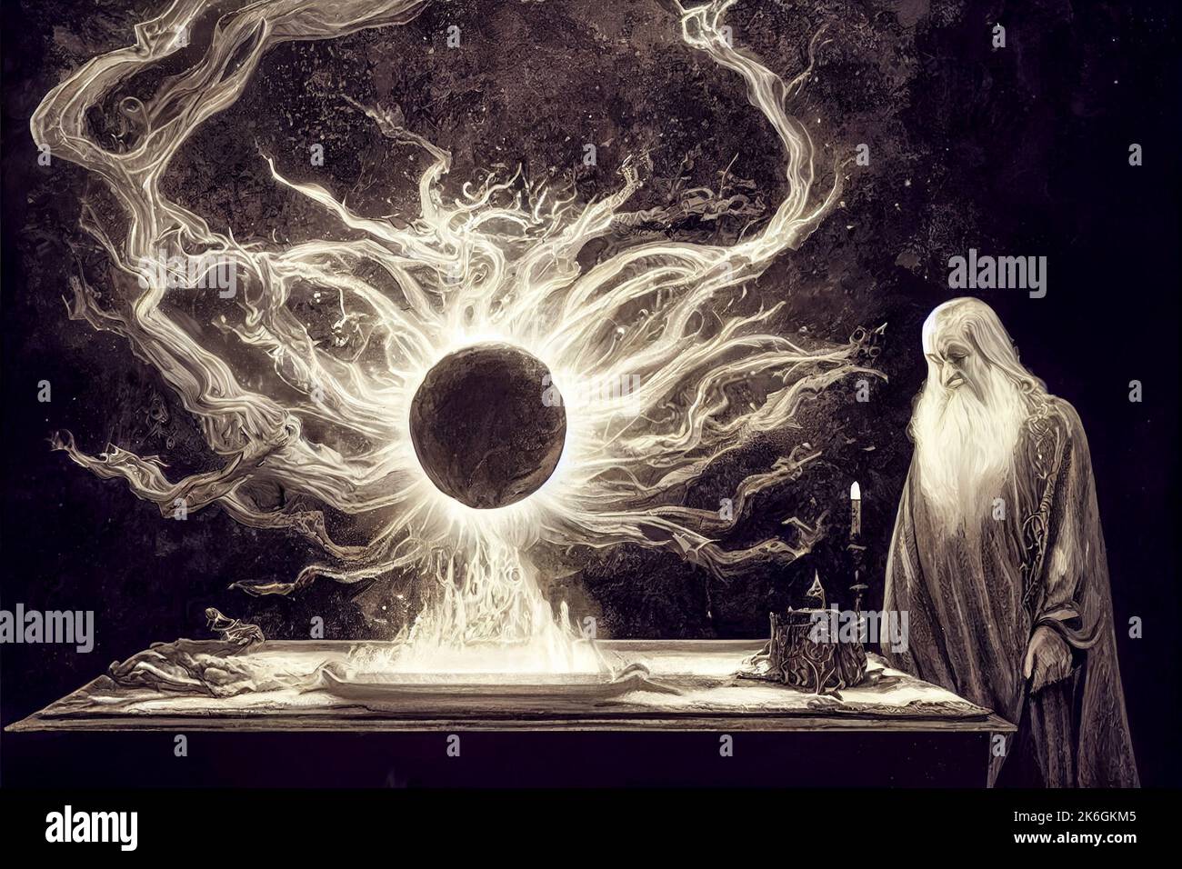 Un'illustrazione di un vecchio potente mistico mago che trasmette un incantesimo magico Foto Stock