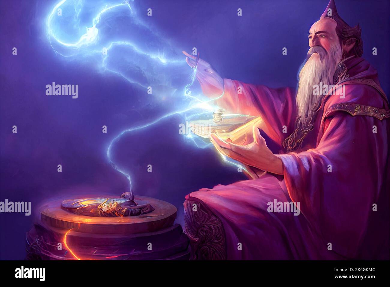 Un'illustrazione di un potente mago che trasmette un magico incantesimo blu Foto Stock