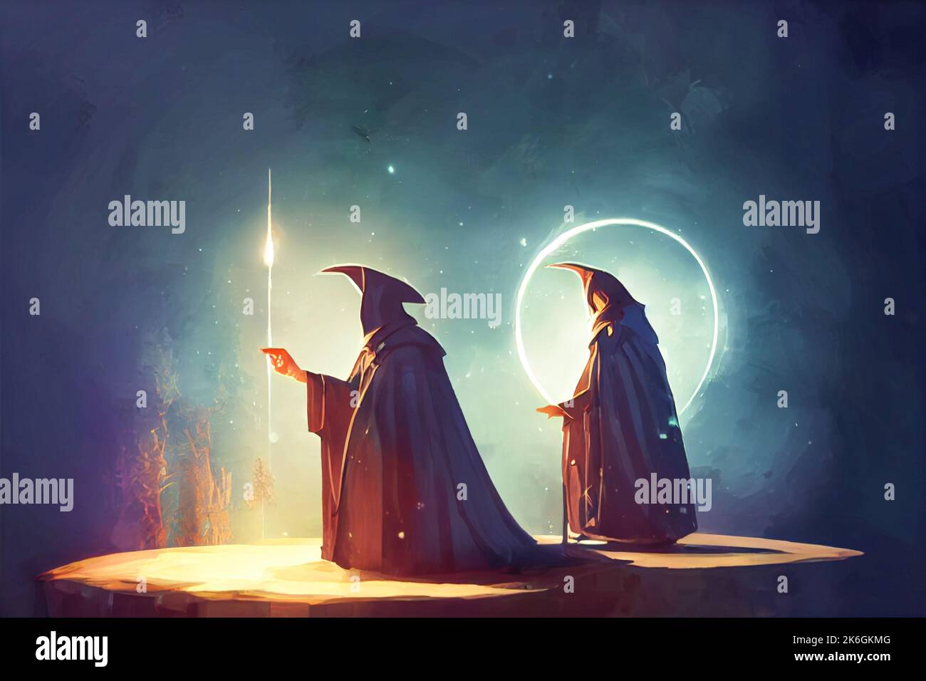Un'illustrazione di due maghi mistici incappucciati che eseguono un incantesimo magico Foto Stock