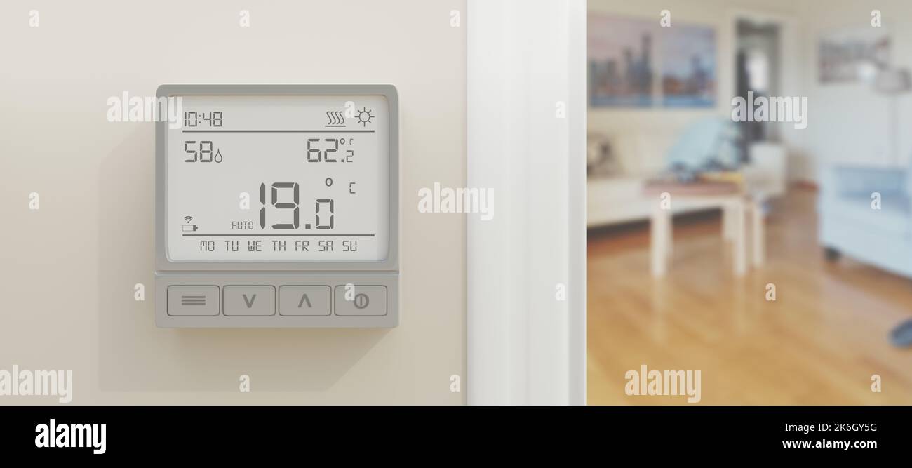 Temperatura a risparmio energetico. Termostato di casa to19 gradi Celsius, riduzione del consumo di riscaldamento. rendering 3d Foto Stock