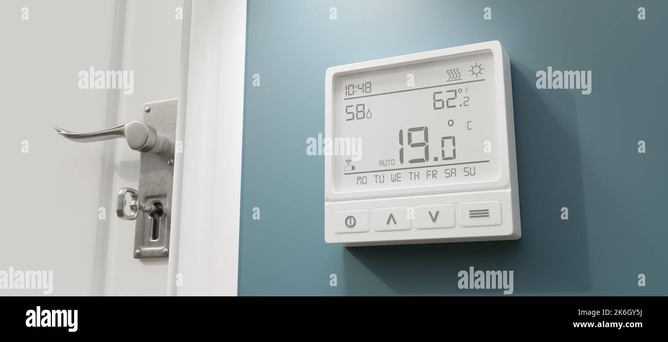 Temperatura di risparmio energetico del riscaldamento. Termostato di casa to19 gradi Celsius, consumo ridotto. rendering 3d Foto Stock