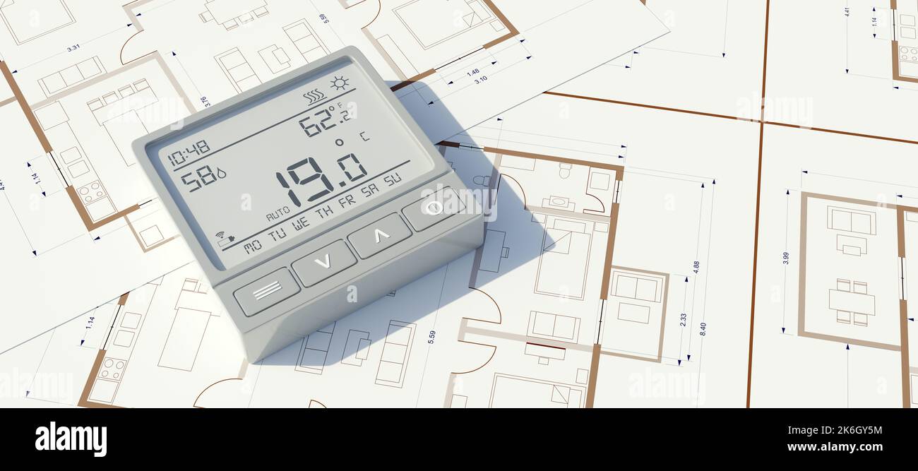 Risparmio sui costi di costruzione, efficienza energetica. Termostato di riscaldamento sul disegno della casa. Temperatura a 19 gradi. rendering 3d Foto Stock