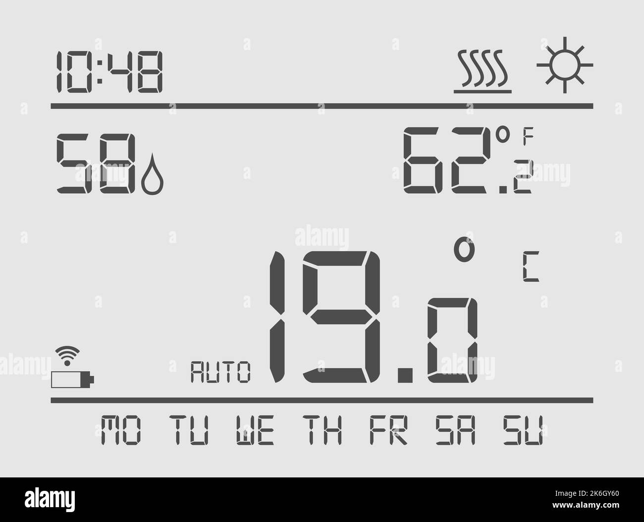 Temperatura a risparmio energetico. Display del termostato di riscaldamento domestico a 19 gradi Celsius. illustrazione Foto Stock