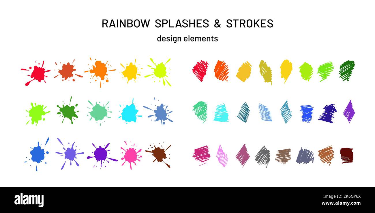 Raccolta di palline colorate arcobaleno con gocce e segni di fondo realizzati con penne in feltro. Macchie sporche di vernice liquida e modelli di tratteggio di schizzo. Illustrazione Vettoriale
