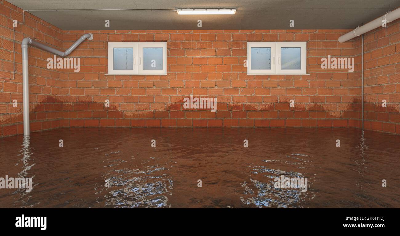 Acqua alta nel seminterrato con un muro umido dopo un'alluvione Foto Stock