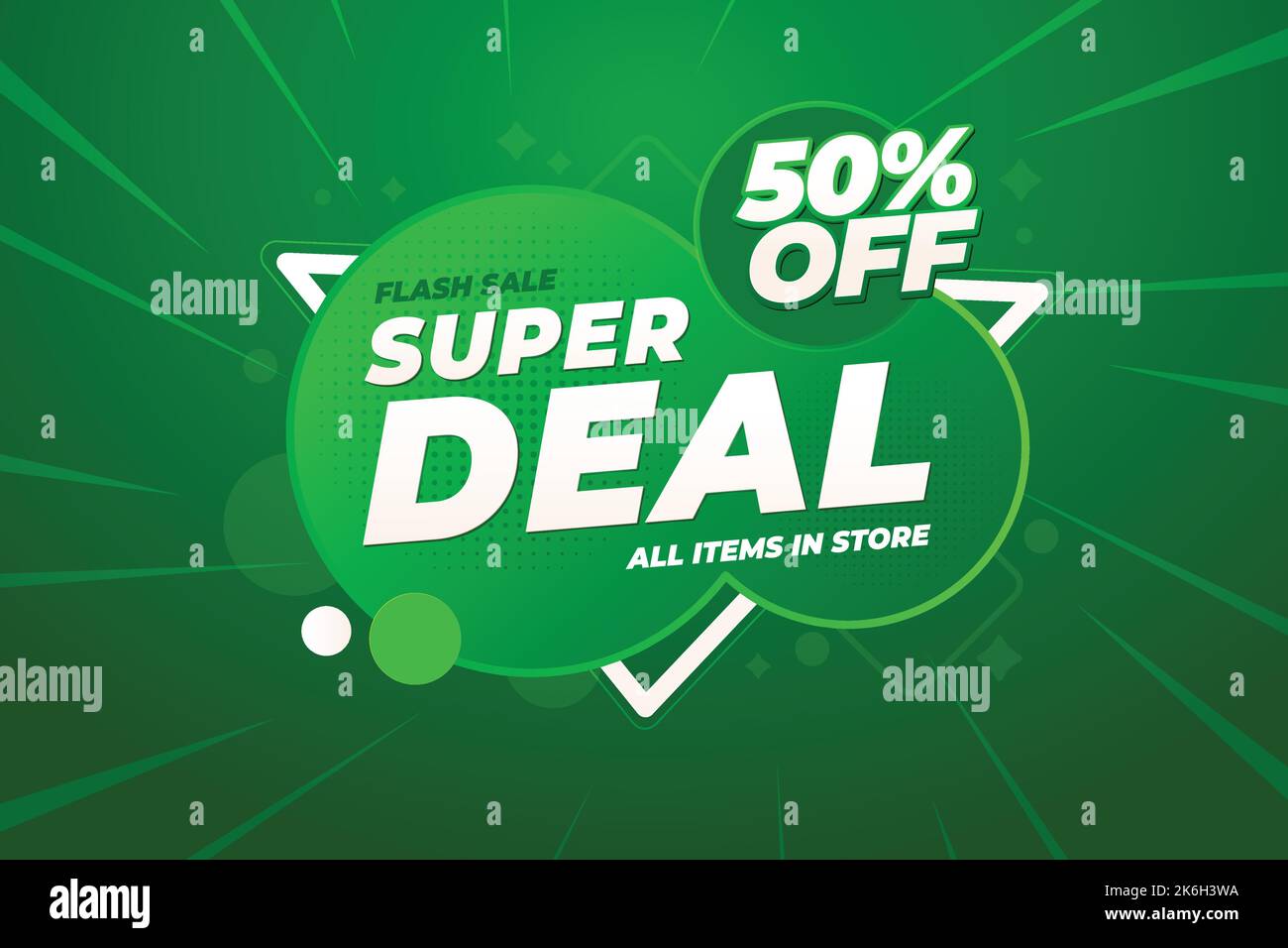 Super offerta 50% di sconto. Poster o banner del giorno dello shopping. Progettazione di modelli di banner di vendita online per social media e siti Web. Landing page del sito Web a tema verde. Illustrazione Vettoriale