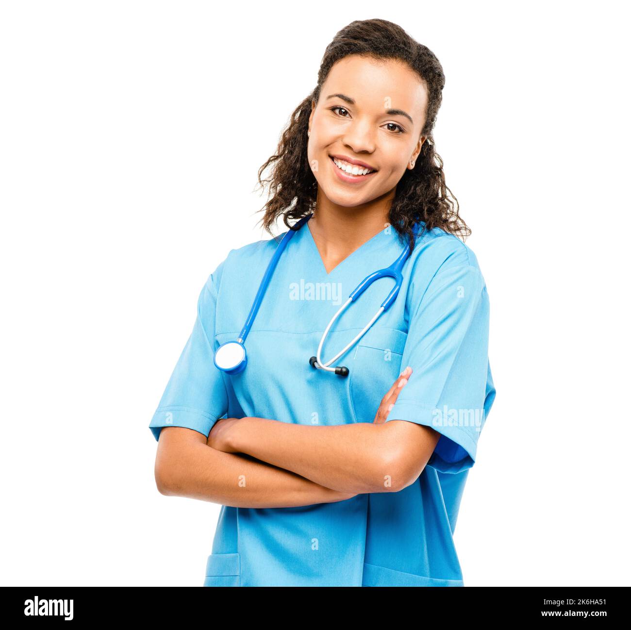 Dare speranza alla gente su una base quotidiana. una giovane infermiera che si posa sullo sfondo di uno studio. Foto Stock
