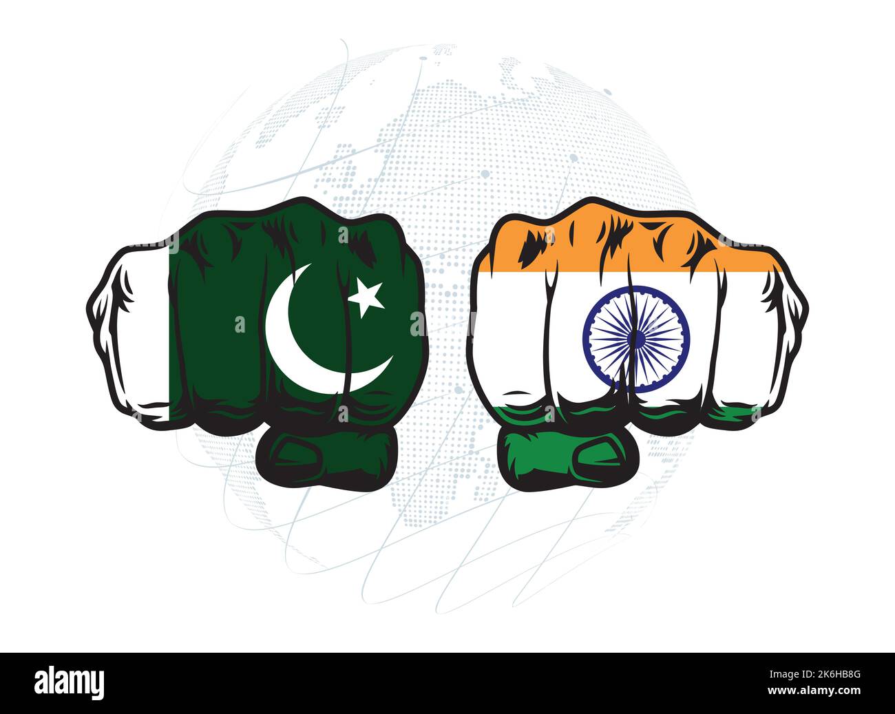 Pakistan vs India paesi confronto concetto vettore. Conflitto politico, militare o religioso, guerra commerciale e disputa territoriale. Due pugni. Illustrazione Vettoriale