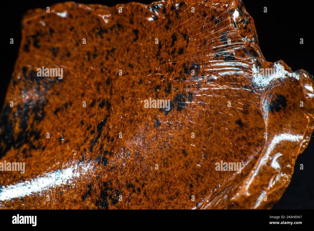 Autentico esemplare lucido di macrogano arancione pietra vulcanica ossidiana macro isolato su fondo in pelle nera Foto Stock