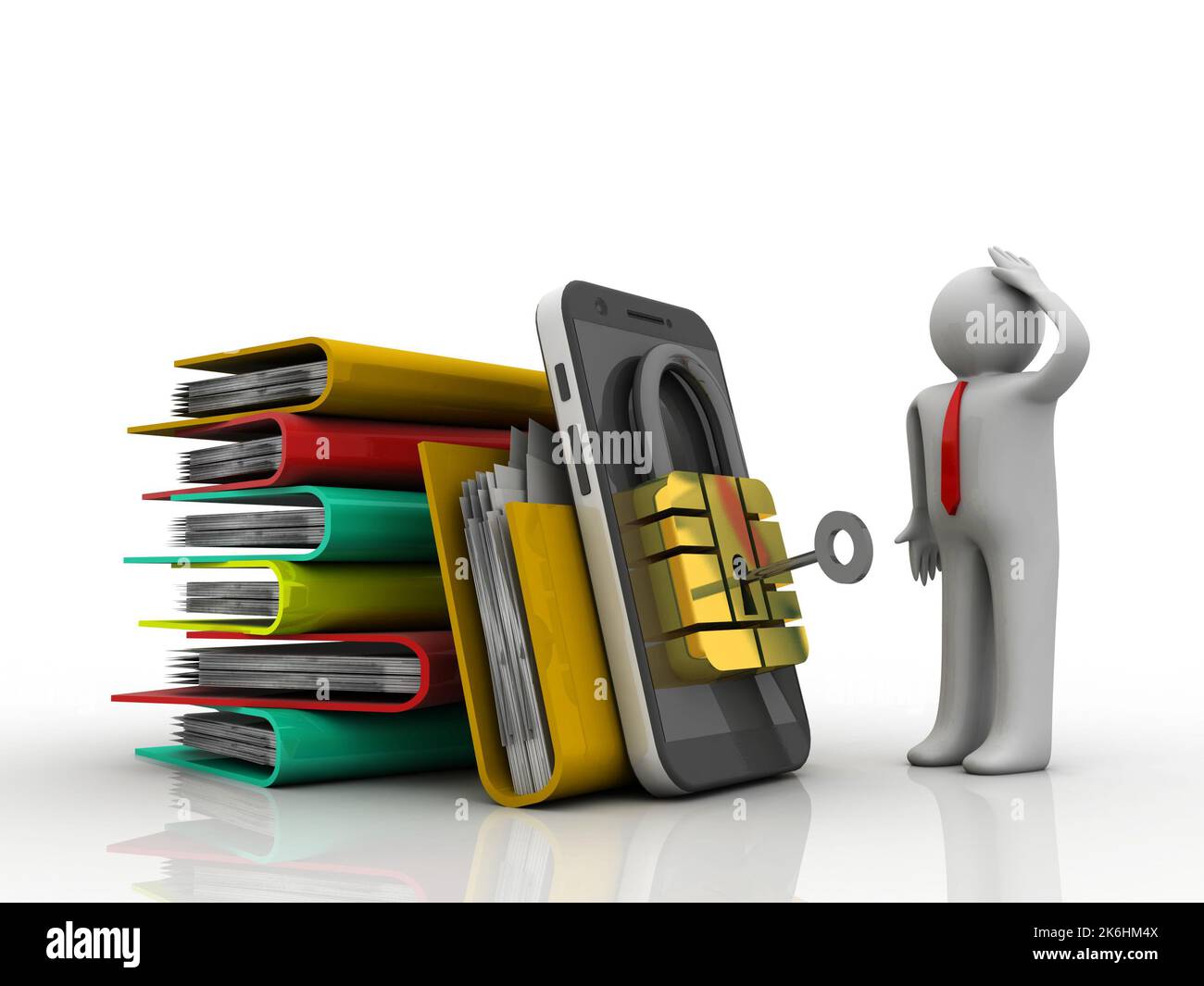 3d blocco di protezione dello storage della cartella mobile di rendering vicino a un tecnico Foto Stock