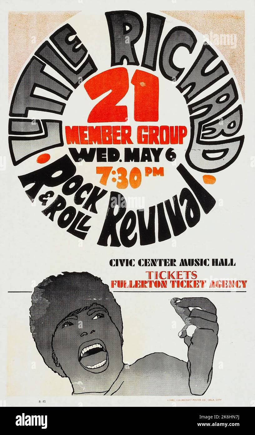 Little Richard - Rock & Roll Revival al Civic Center Music Hall (1970s). Scheda Concert Window Foto Stock