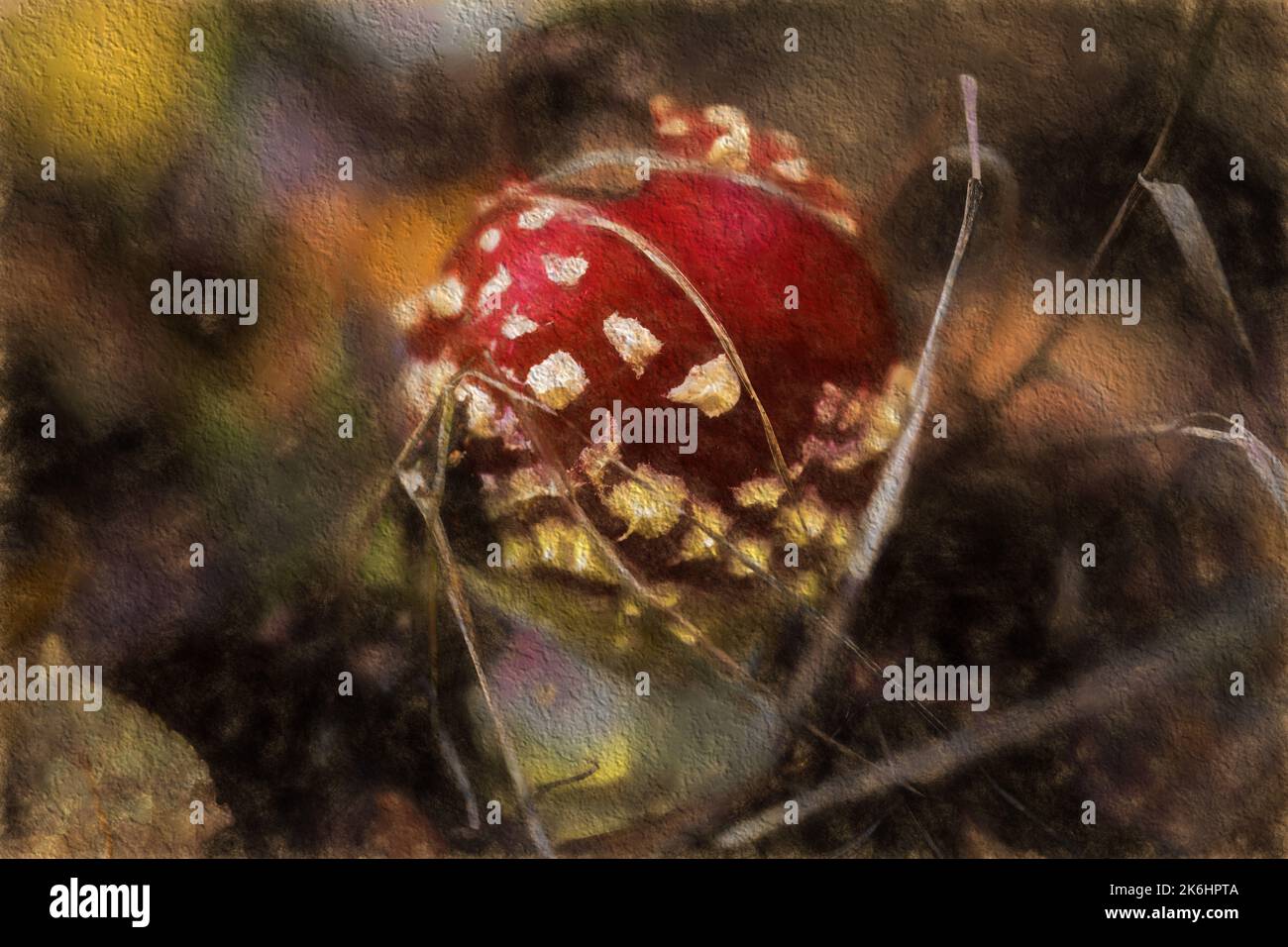 Pittura digitale astratta ad olio di Fly Agaric fungo in un ambiente autunnale boschivo. Foto Stock