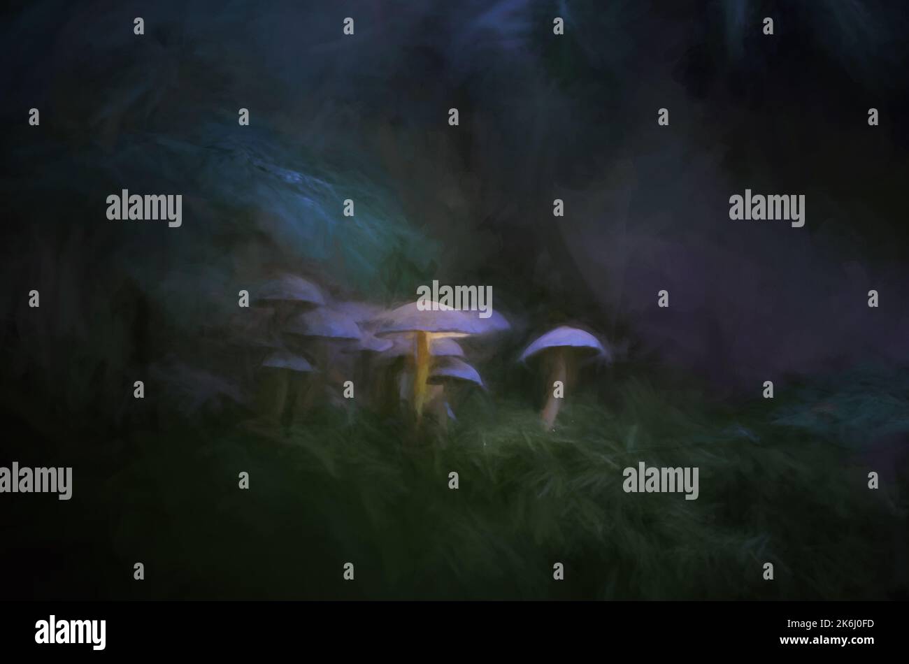 Pittura digitale astratta ad olio di funghi fantasy che risplendono in un bosco incantato e buio. Foto Stock