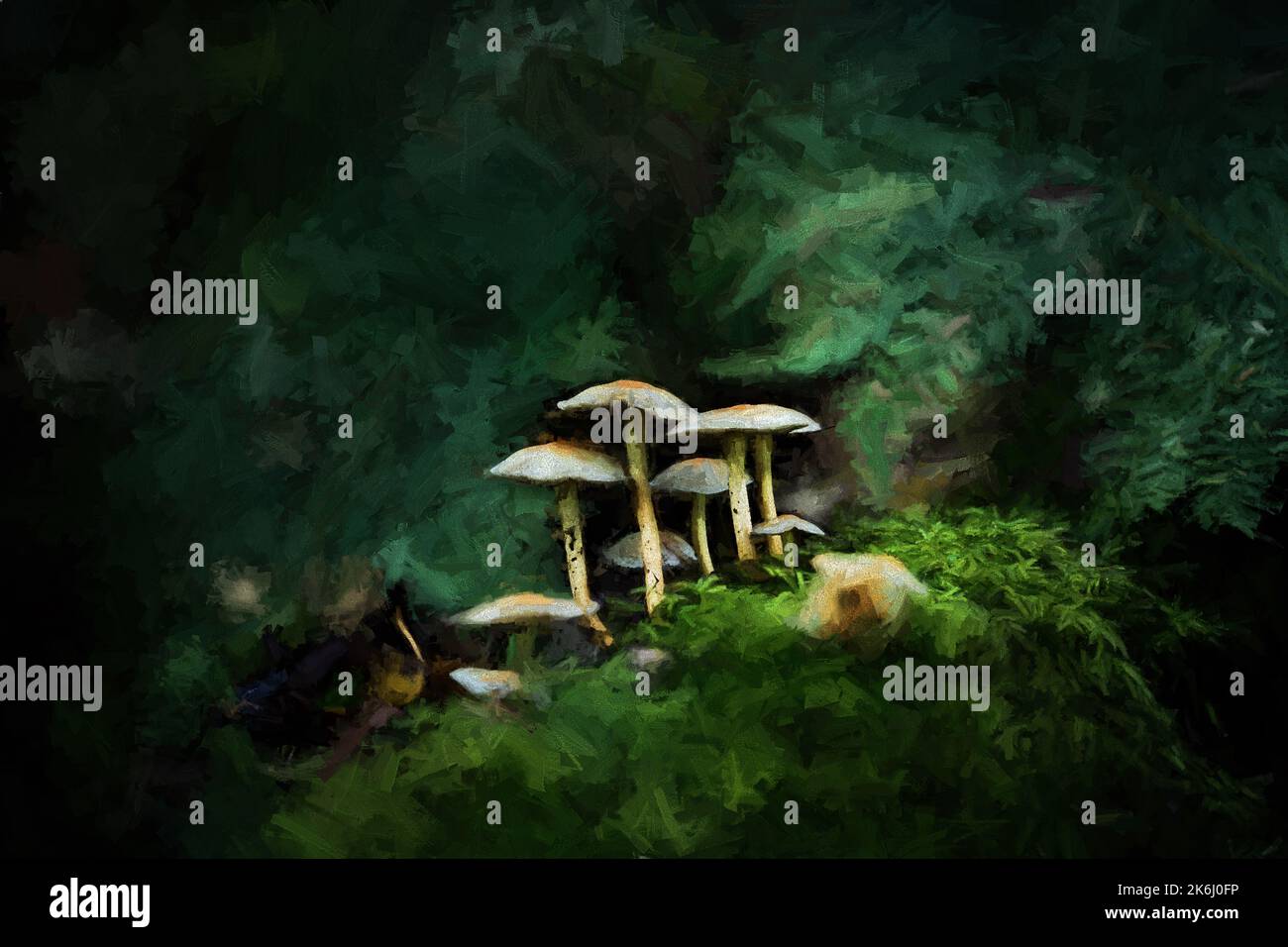 Pittura digitale astratta ad olio di funghi fantasy che risplendono in un bosco incantato e buio. Foto Stock