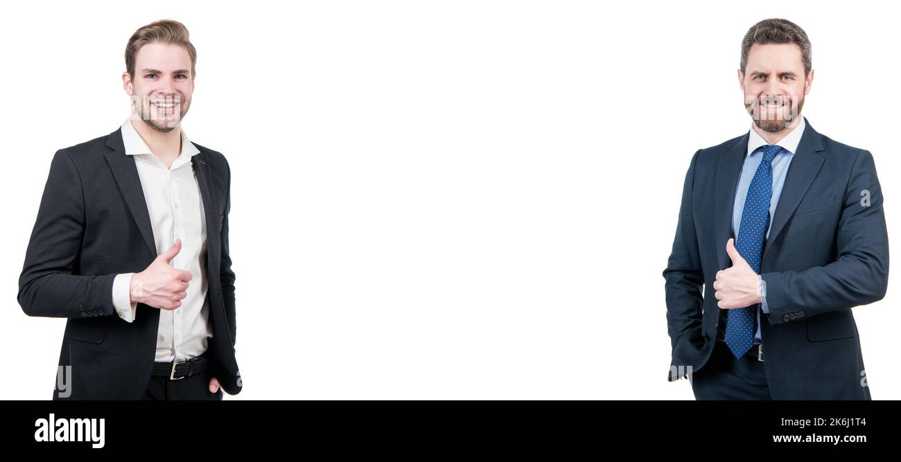 Uomo volto ritratto, banner con spazio copia. ambiziosi colleghi esperti. due uomini in abito formale. uomini d'affari isolati sul bianco. Foto Stock