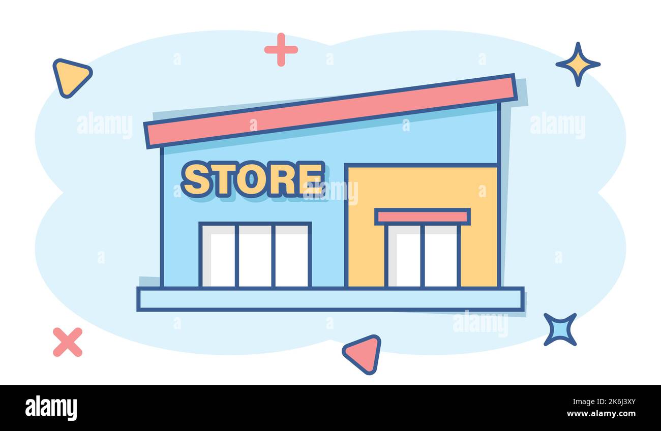 Icona Mall in stile comico. Memorizzazione di illustrazioni vettoriali su sfondo bianco isolato. Acquista Splash Effect business concept. Illustrazione Vettoriale