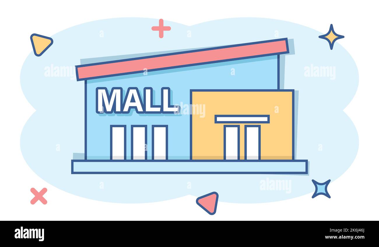 Icona Mall in stile comico. Memorizzazione di illustrazioni vettoriali su sfondo bianco isolato. Acquista Splash Effect business concept. Illustrazione Vettoriale