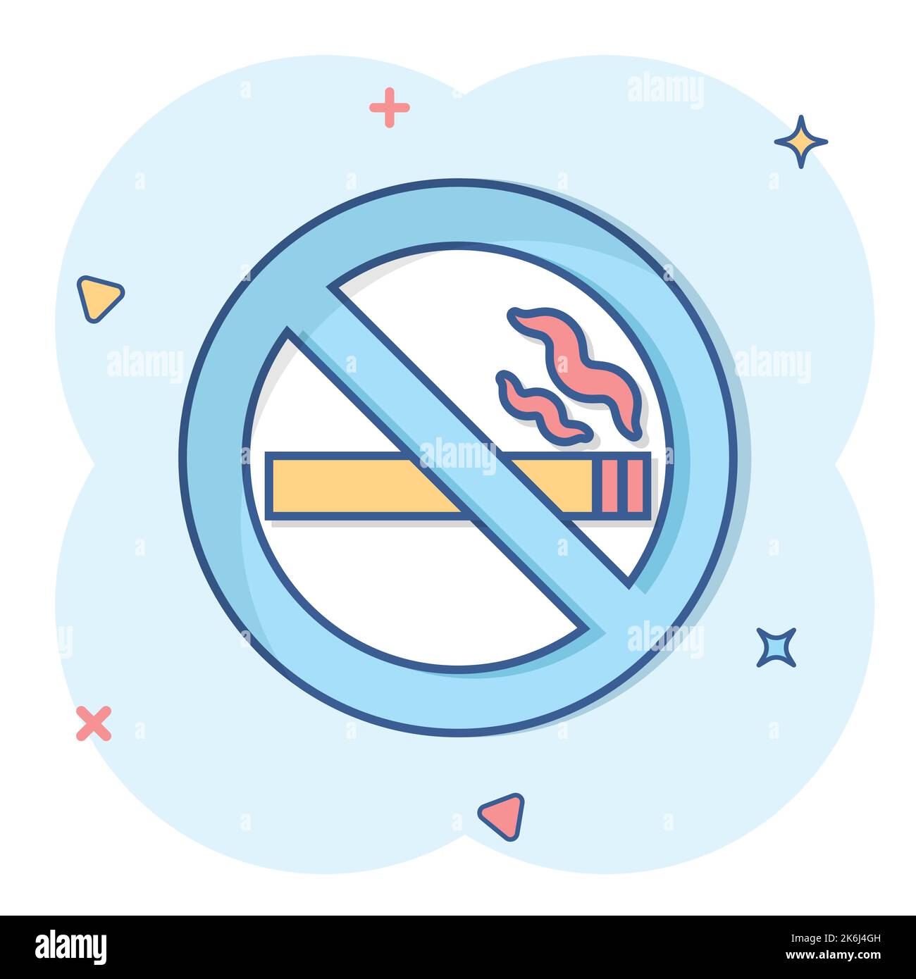 Icona di un cartello per non fumare in stile comico. Illustrazione vettoriale dei fumetti di sigaretta su sfondo bianco isolato. Nicotina splash effetto concetto di business. Illustrazione Vettoriale