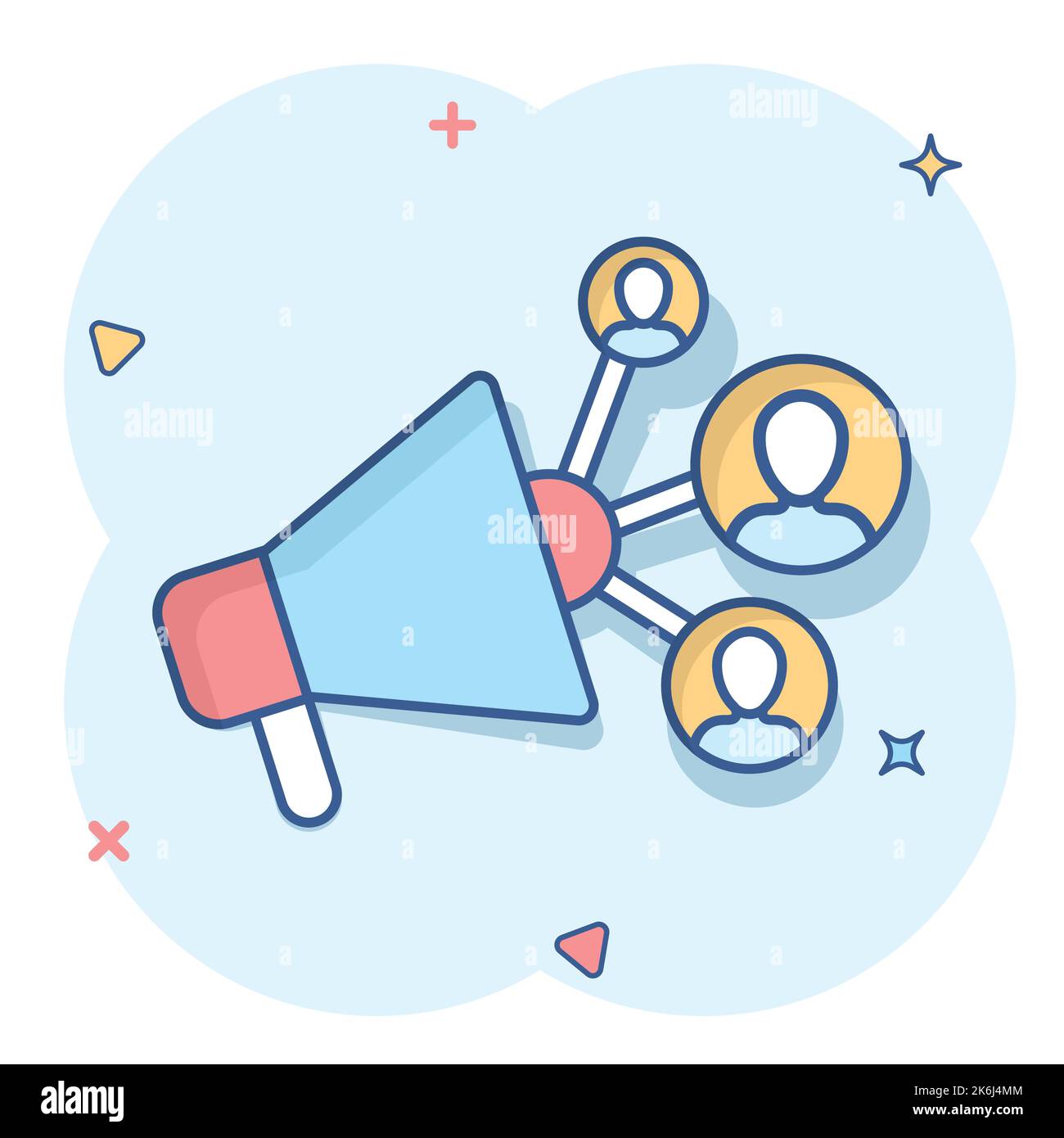 Icona dei social media in stile comico. Cartoon marketing illustrazione vettoriale su sfondo bianco isolato. Megaphone con persone splash effetto business con Illustrazione Vettoriale