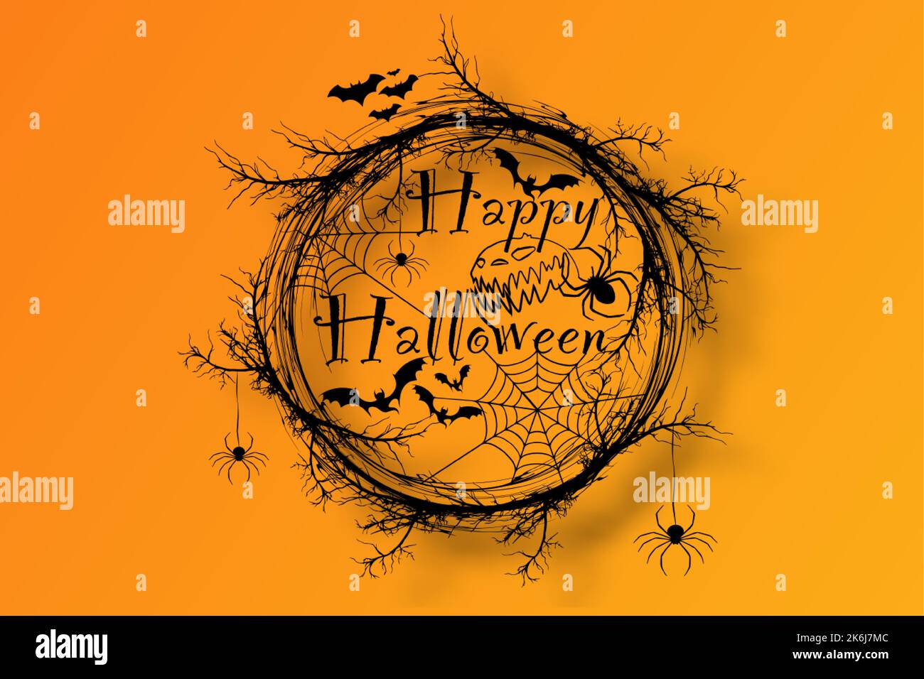 Happy Halloween Text Banner, la corona horror dei rami, un realistico bordo rotondo della cornice di rami ritorti, illustrazione vettoriale isolato su arancione Illustrazione Vettoriale