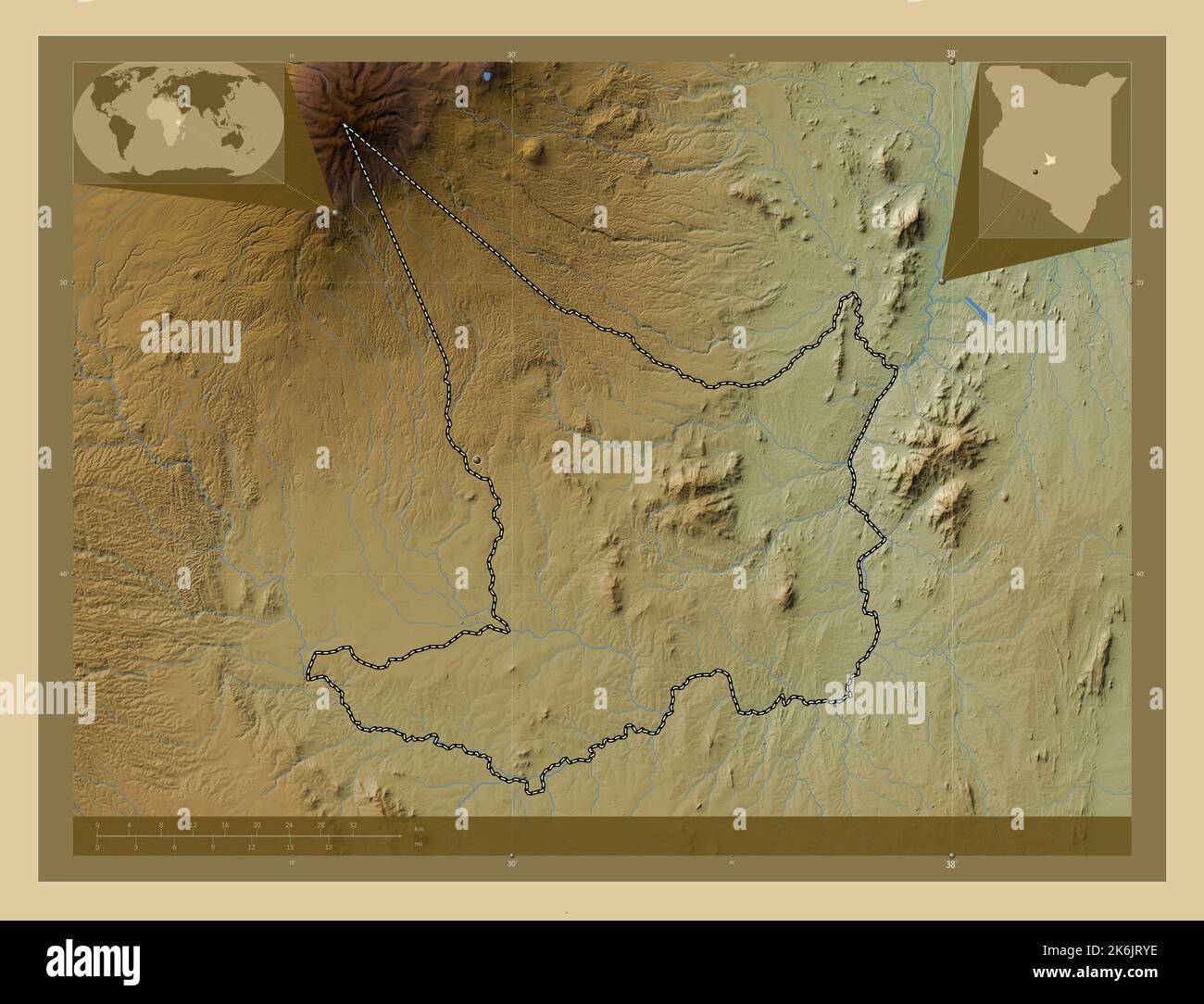 Embu, contea del Kenya. Mappa di altitudine colorata con laghi e fiumi. Mappe delle posizioni ausiliarie degli angoli Foto Stock