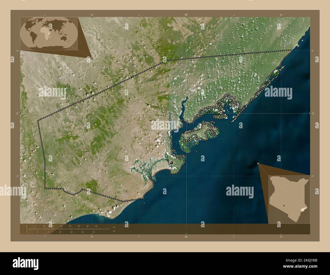 Lamu, contea del Kenya. Mappa satellitare a bassa risoluzione. Mappe delle posizioni ausiliarie degli angoli Foto Stock