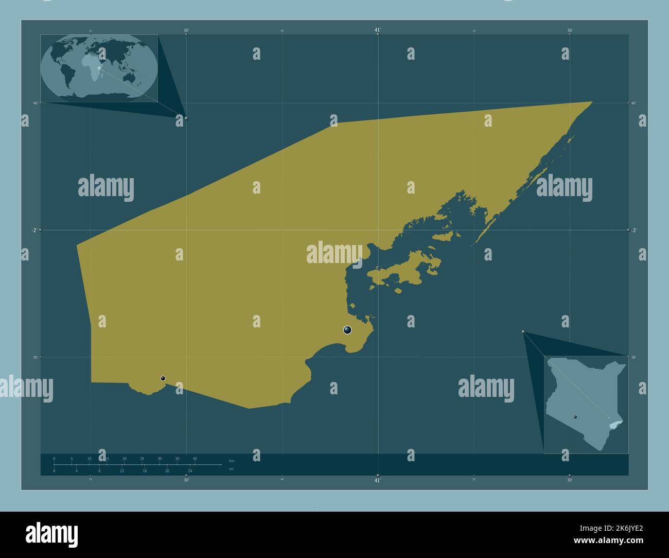 Lamu, contea del Kenya. Forma a tinta unita. Posizioni delle principali città della regione. Mappe delle posizioni ausiliarie degli angoli Foto Stock