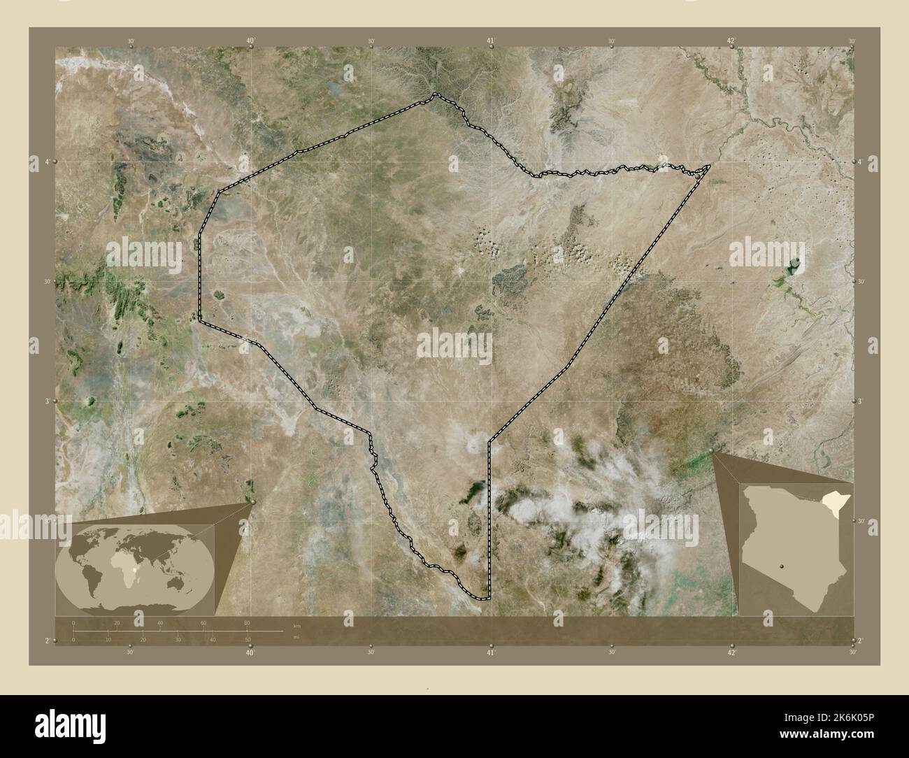 Mandera, contea del Kenya. Mappa satellitare ad alta risoluzione. Mappe delle posizioni ausiliarie degli angoli Foto Stock