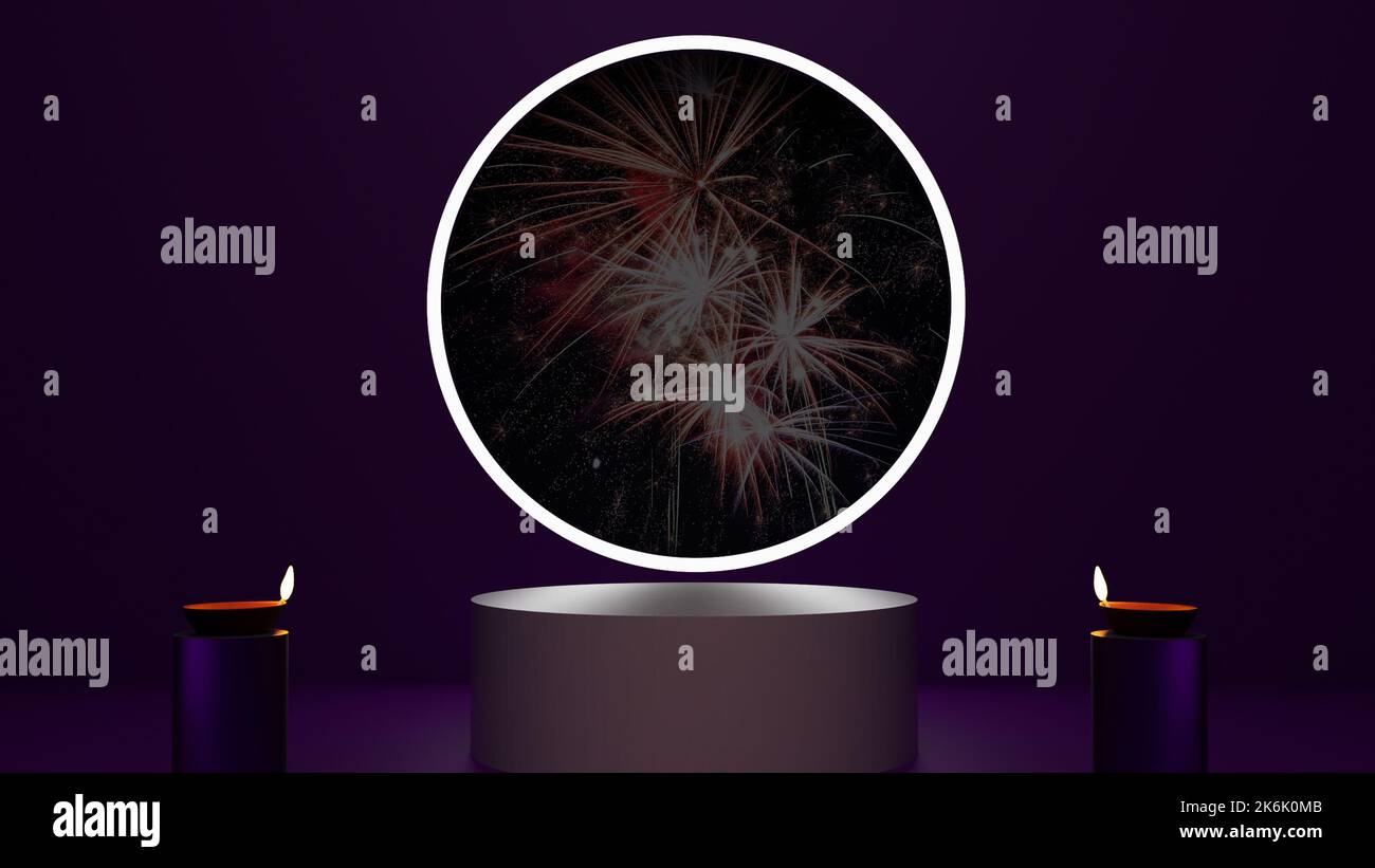Progetto concept di podio illuminato nel 3D, spazio vuoto per la vetrina dei prodotti a Diwali, illustrazione del concept di marketing del prodotto 3D Foto Stock